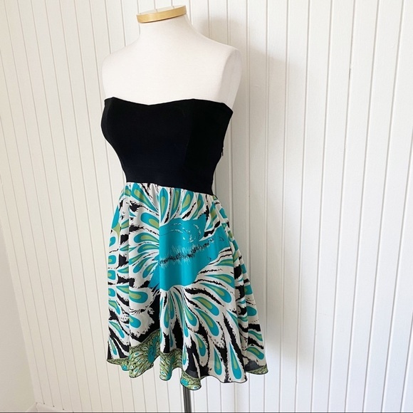 Tricia Fix Black Teal Peacock Strapless Sundress Size Small - Picture 3 of 13